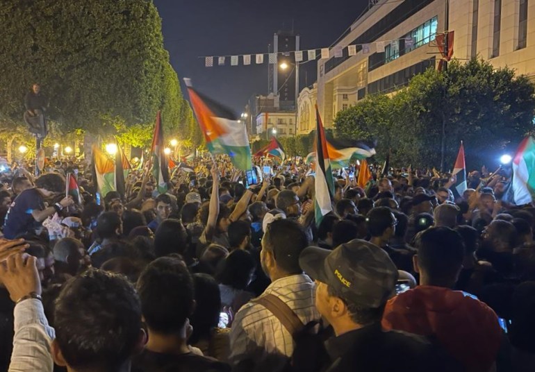 TUNIS, TUNISIA - OCTOBER 17: Hundreds of people gather to protest against Israeli airstrike on Al-Ahli Baptist Hospital in Gaza on Tuesday as Israeli attacks continue on its eleventh day in Tunis, Tunisai on October 17, 2023. ( Yassine Gaidi - Anadolu Agency )