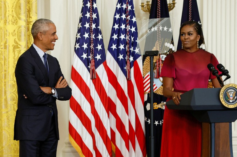 White House ceremony to unveil portraits of former U.S. President Barack Obama and former first lady Michelle Obama, in Washington