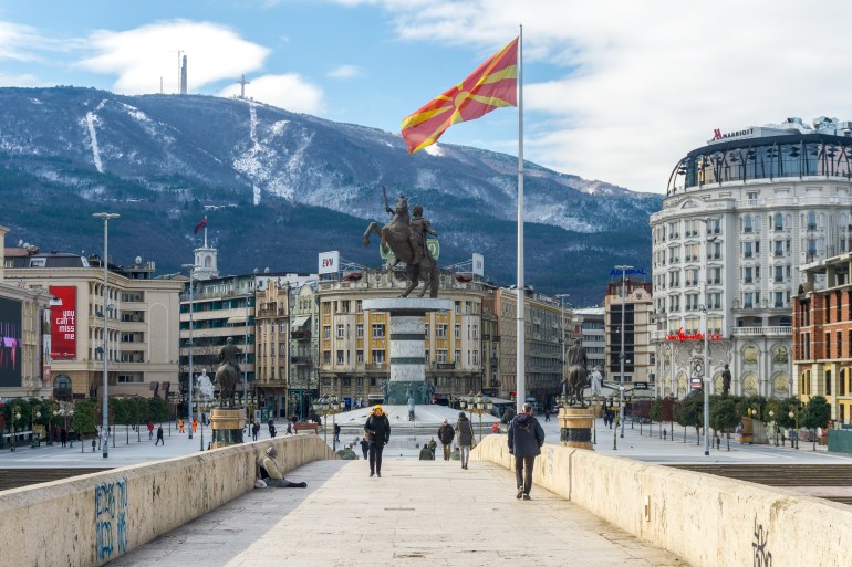 Skopje/ North Macedonia - February 7, 2020: Skopje's building and modernizing plan, called "Skopje 2014" is continuing, and includes improving areas in Macedonia Square, shown here.