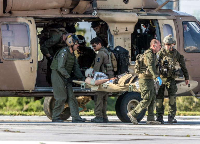 TEL AVIV, ISRAEL - DECEMBER 18: The Israeli army evacuates its soldiers who were wounded in battles in Gaza via a helicopter for medical treatment at Beilinson Hospital near Tel Aviv, Israel on December 18, 2023. (Photo by Nir Keidar/Anadolu via Getty Images)