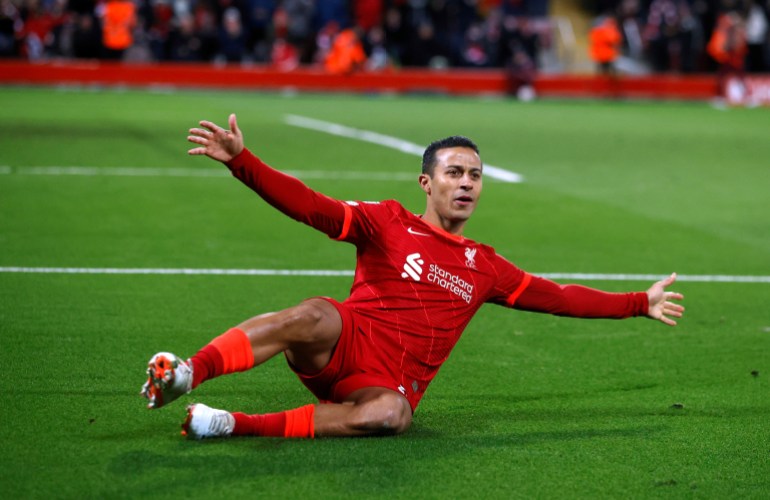 Champions League - Group B - Liverpool v FC Porto Soccer Football - Champions League - Group B - Liverpool v FC Porto - Anfield, Liverpool, Britain - November 24, 2021 Liverpool's Thiago Alcantara celebrates scoring their first goal REUTERS/Phil Noble TPX IMAGES OF THE DAY