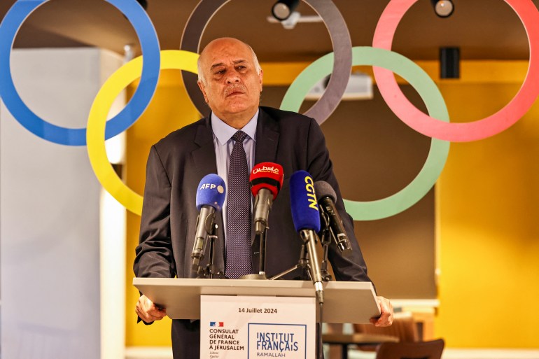 President of the Palestinian Football Association and the Palestine Olympic Committee Jibril Rajoub speaks during a send-off ceremony for the Palestine delgation to the upcoming Paris 2024 Olympic Games in Ramallah city in the occupied West Bank on July 14, 2024. (Photo by Zain JAAFAR / AFP)