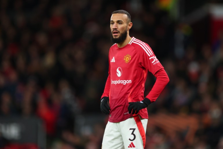 MANCHESTER, ENGLAND - NOVEMBER 28: Noussair Mazraoui of Manchester United during the UEFA Europa League 2024/25 League Phase MD5 match between Manchester United and FK Bodo/Glimt at Old Trafford on November 28, 2024 in Manchester, England. (Photo by Marc Atkins/Getty Images)