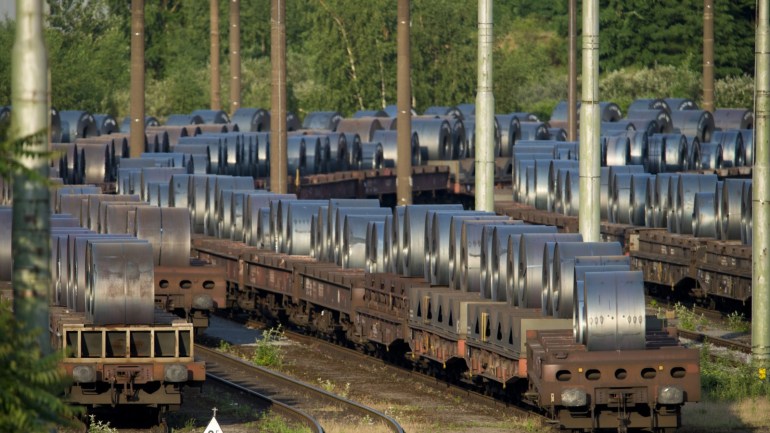 DUISBURG, GERMANY - MAY 30: Rail cars loaded with rolled up steel on the site of ThyssenKrupp Schwelgern steel plant on May 30, 2018 in Duisburg, Germany. The European Union and the United States are so far on a collision course over steel and aluminum imports by the US from the EU, with either tariffs or import restrictions becoming more likely by June 1. (Photo by Michael Gottschalk/Getty Images)