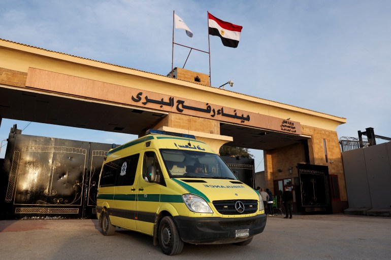 An ambulance is parked near the Rafah border crossing between Egypt and the Gaza Strip, amid a ceasefire between Israel and Hamas, in Rafah, Egypt, January 19, 2025. REUTERS/Mohamed Abd El Ghany