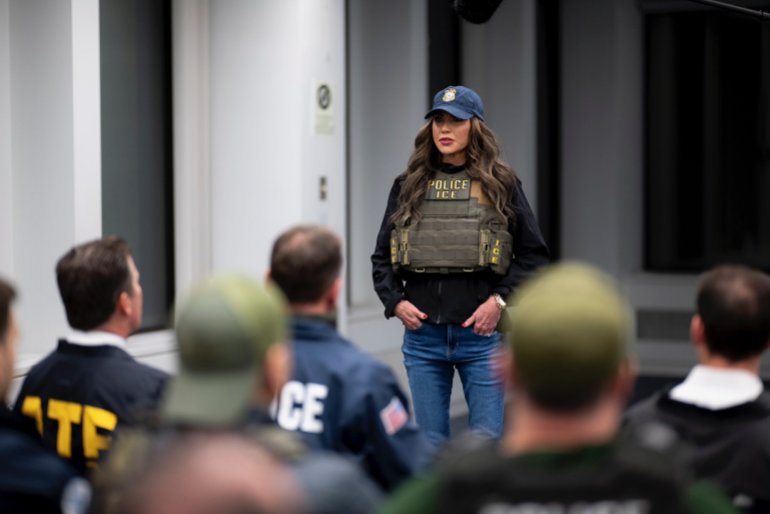 U.S. Department of Homeland Security Secretary Kristi Noem wears an ICE vest during a briefing with law enforcement agents ahead of immigration raids in New York City, U.S., January 28, 2025 in this image obtained from social media. X/@Sec_Noem via REUTERS THIS IMAGE HAS BEEN SUPPLIED BY A THIRD PARTY