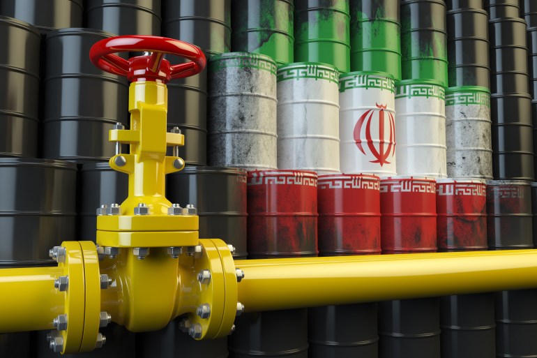 Oil pipe line valve in front of the Iranian flag on the oil barrels. Iranian gas and oil fuel energy concept. 3d illustration