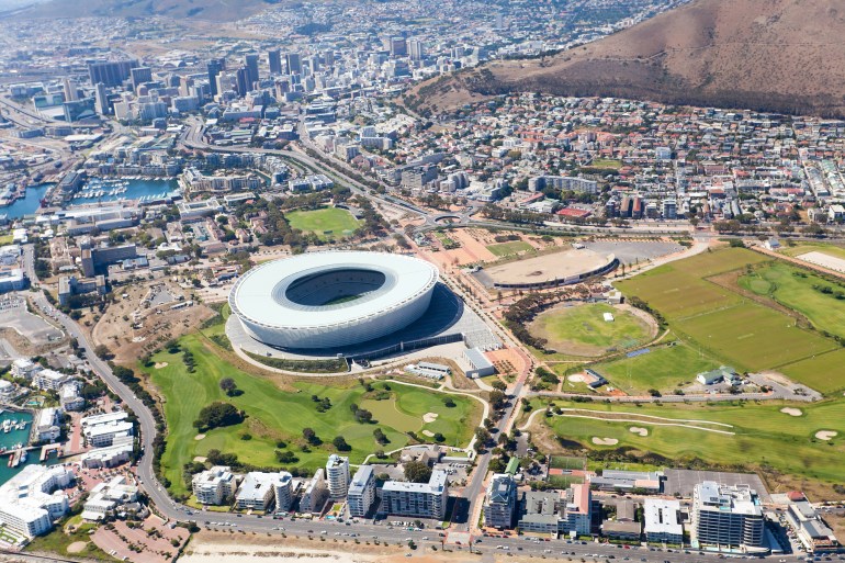 aerial view of green point stadium and downtown of Cape Town, South Africa