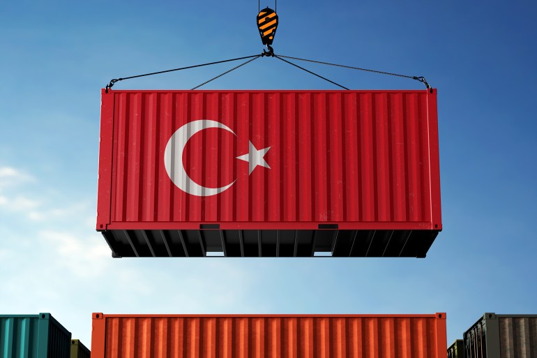 Freight containers with Türkiye (Turkey) flag, clouds background