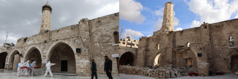 (COMBO) This combination of pictures created on September 23, 2024 shows (L) Palestinian health workers disinfecting the walls outside 13th-century Great Omari Mosque in the old town of Gaza City during the COVID-19 coronavirus pandemic on March 12, 2020; and the same view on September 22, 2024 after the building was damaged amid the ongoing war in the Palestinian territory between Israel and Hamas. - Hamas's attack on October 7 resulted in the deaths of 1,205 people on the Israeli side, most of them civilians, according to an AFP tally based on Israeli official figures. Israel's retaliatory military campaign in Gaza has killed at least 41,431 Palestinians, the majority of them civilians, according to figures provided by the health ministry in Hamas-run Gaza. The United Nations has acknowledged the toll as reliable. (Photo by MAHMUD HAMS and Omar AL-QATTAA / AFP)