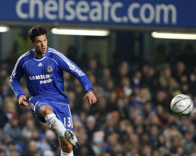 AFP/ Chelsea's German player Michael Ballack kicks the ball on his return from injury against Liverpool during the Carling Cup quarter-final football match at Stamford Bridge in London 19 December 2007.