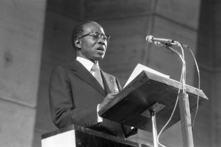 La conférence de presse du président de la République du Sénégal Léopold Sédar Senghor lors de sa visite à la maison de l'Unesco, le 17 mai 1978, à Paris. (Photo by Laurent MAOUS/Gamma-Rapho via Getty Images)