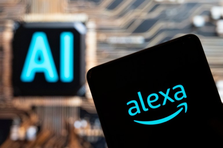 CHINA - 2023/11/10: In this photo illustration, the virtual assistant technology owned by Amazon, Alexa, logo seen displayed on a smartphone with an Artificial intelligence (AI) chip and symbol in the background. (Photo Illustration by Budrul Chukrut/SOPA Images/LightRocket via Getty Images)