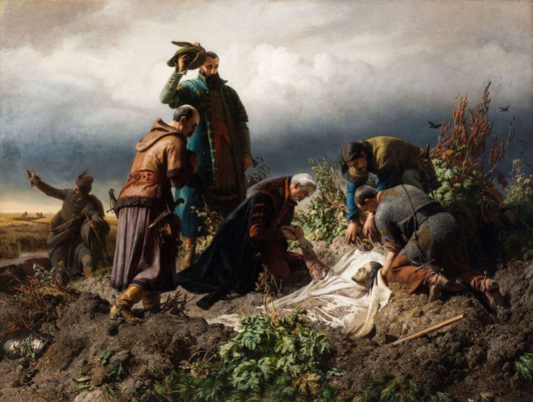 The discovery of the body of King Louis II after the Battle of Mohács. The 20-year-old king died when he fell backwards off his horse while trying to ride up a steep ravine of the Csele stream. (Bertalan Székely, 1860)