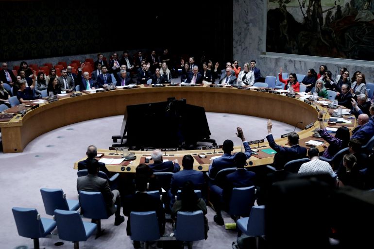 United Nations Security Council members vote on a resolution calling for a ceasefire and unrestricted humanitarian access in Gaza, at UN headquarters in New York City on June 4, 2025. It is the 15-member body's first vote on the subject since November 2024, when the United States -- a key Israeli ally -- blocked a text calling for an end to fighting. Israel has faced growing international pressure to end its war in Gaza, which was triggered by the unprecedented October 7, 2023 attack by Hamas on Israeli soil. (Photo by Leonardo Munoz / AFP)