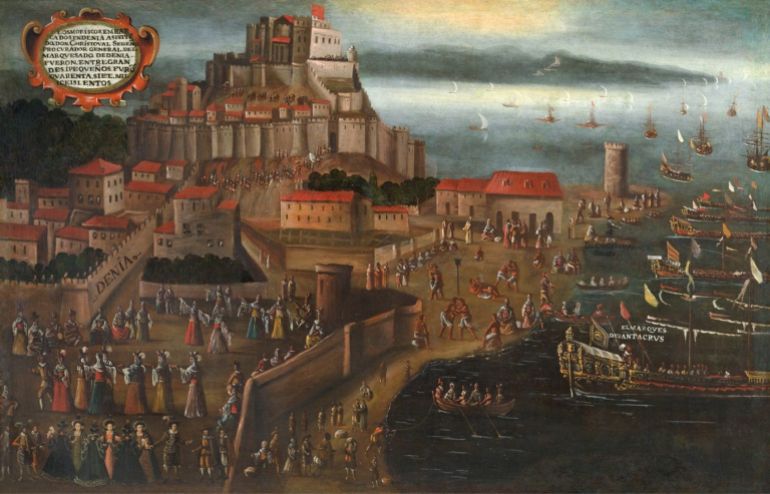 لوحة تهجير الموريسكيين من ميناء دانيا للرسام فيسينت موستري 1613 https://commons.wikimedia.org