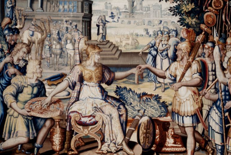 Intricate tapestry depicting historical scene with Roman soldiers, regal figures, and ancient architecture. Rich details in tapestry highlight Roman era and culture. Vintage artwork. Old illustration.