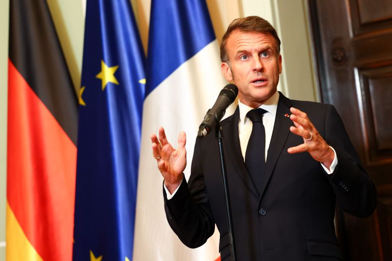 BERLIN, GERMANY - JULY 23: French President Emmanuel Macron talks to media prior to talks with German Chancellor Friedrich Merz at Villa Borsig on July 23, 2025 in Berlin, Germany. The two leaders are meeting as Germany, France and the United Kingdom forge a stronger European alliance following U.S. President Donald Trump's disruption of transatlantic ties. (Photo by Christian Mang/Getty Images)