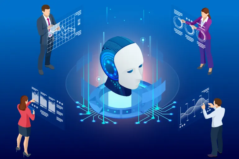 Isometric Artificial Intelligence, Knowledge Expertise Intelligence Learn. Internet connect Chat, Chat with AI, Artificial Intelligence.