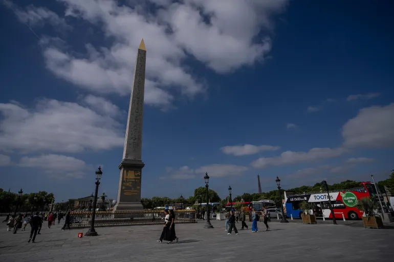 Luxor obelisk on Place de la Concorde is seen in Paris, Thursday, May 15, 2025. (AP Photo/Aurelien Morissard)