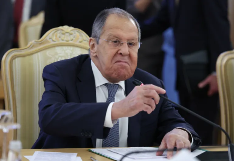epa12472056 Russian Foreign Minister Sergei Lavrov reacts during a meeting with Kazakh Foreign Minister Yermek Kosherbayev (not pictured) in Moscow, Russia, 22 October 2025. EPA/RAMIL SITDIKOV / POOL