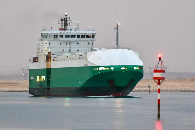 SUEZ, EGYPT - NOVEMBER 3: A ship transits the Suez Canal towards the Red Sea on November 3, 2024 in Suez, Egypt. The shipping giant A.P. Moller-Maersk recently said it did not expect to resume sailing through the Suez Canal until 2025 due to the continued threat of attacks in the Red Sea. The Iran-aligned Houthi movement in Yemen has launched regular attacks on vessels off its coast since late 2023, disrupting a vital shipping route in east-west trade. A report this summer indicated that Suez Canal traffic was down 66% percent from the previous year, as vessels sought alternative routes. (Photo by Sayed Hassan/Getty Images)