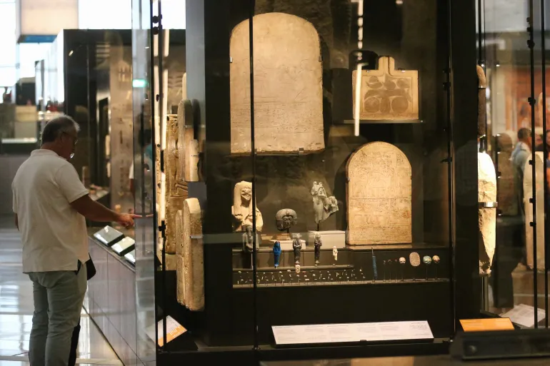 GIZA, EGYPT - NOVEMBER 4: Exhibits are on display at the Grand Egyptian Museum after its opening on November 4, 2025 in Giza, Egypt. The Grand Egyptian Museum (GEM), which had its official opening on November 1, displays tens of thousands of artefacts, including the entire 5,000-piece collection of treasures unearthed with Tutankhamun, in one place for the first time since the discovery of the pharaoh's tomb back in 1922. (Photo by Ahmad Hasaballah/Getty Images)