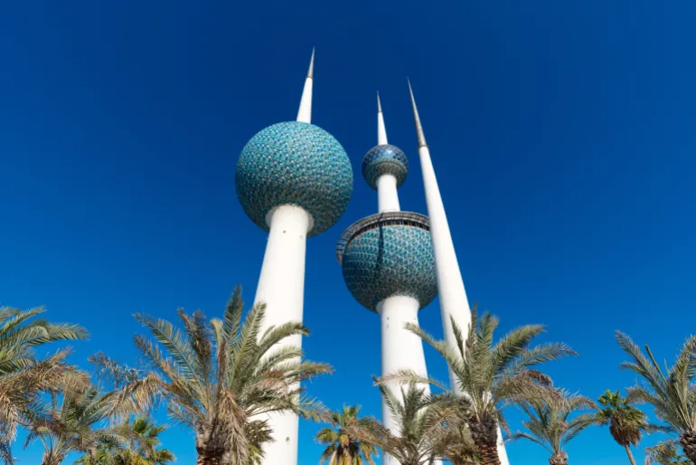 Kuwait Towers Iconic Landmark and Modern Architecture Skyline of Kuwait City against blue sky background