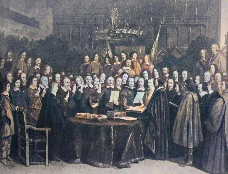 The Treaty of Muenster or Peace of Westphalia, The Swearing of the Oath of Confirmation of the Treaty of Muenster 1648, Germany, Historical, digitally restored reproduction of a 19th century original