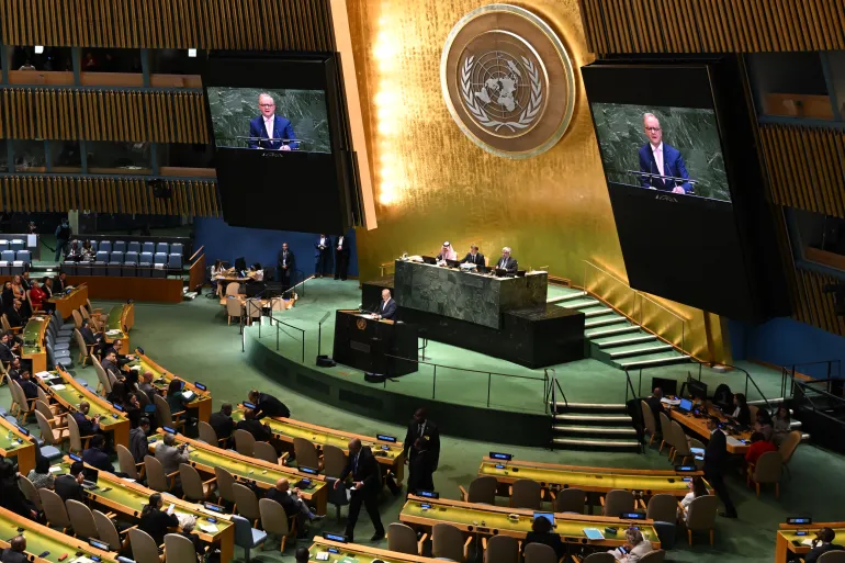 epa12398816 Australian Prime Minister Anthony Albanese speaks during the High-Level International Conference for the Peaceful Settlement of the Question of Palestine and the Implementation of the Two-State Solution, at the United Nations (UN) headquarters in New York, New York, USA, 22 September 2025. The UN General Assembly's high-level week runs from 22 until 30 September. EPA/LUKAS COCH AUSTRALIA AND NEW ZEALAND OUT