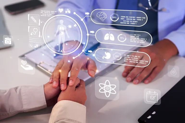 Medical doctor examining patient with modern digital screen analyzing human body futuristic health technology concept; Shutterstock ID 2689076317; purchase_order: aj; job: ; client: ; other: