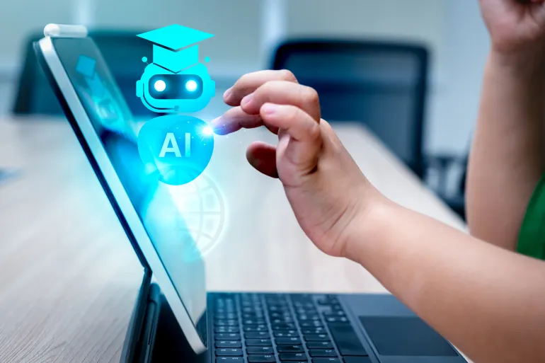 Education, kid learning and training with AI, knowledge and technology concept. Robot hologram in graduation hat showing while child using digital tablet with finger touch on screen, homework school.