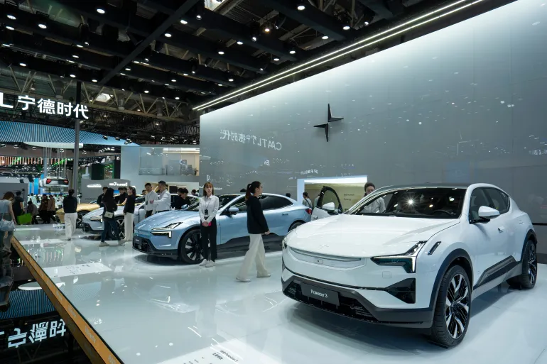 Beijing, China - Apr 30, 2024: Polestar 3 electric SUV and Polestar 4 electric SUV coupe are displayed at the 17th Beijing International Automotive Exhibition (Auto China 2024).