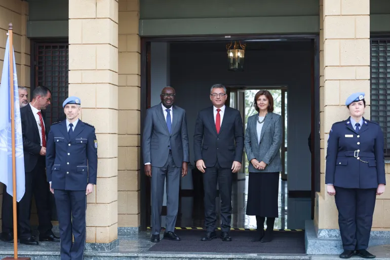 LEFKOSIA, TRNC - JANUARY 28: President of the Turkish Republic of Northern Cyprus (TRNC) Tufan Erhurman meets with Greek Cypriot Administration leader Nikos Christodoulides and the United Nations Secretary-General’s Personal Envoy on Cyprus, Maria Angela Holguin Cuellar in Lefkosia, Turkisj Republic of Northern Cyprus on January 28, 2026. The meeting was also attended by the UN Secretary-General’s Special Representative for Cyprus and Head of Mission of the United Nations Peacekeeping Force in Cyprus (UNFICYP), Khassim Diagne. ( Ali Ruhluel - Anadolu Agency )