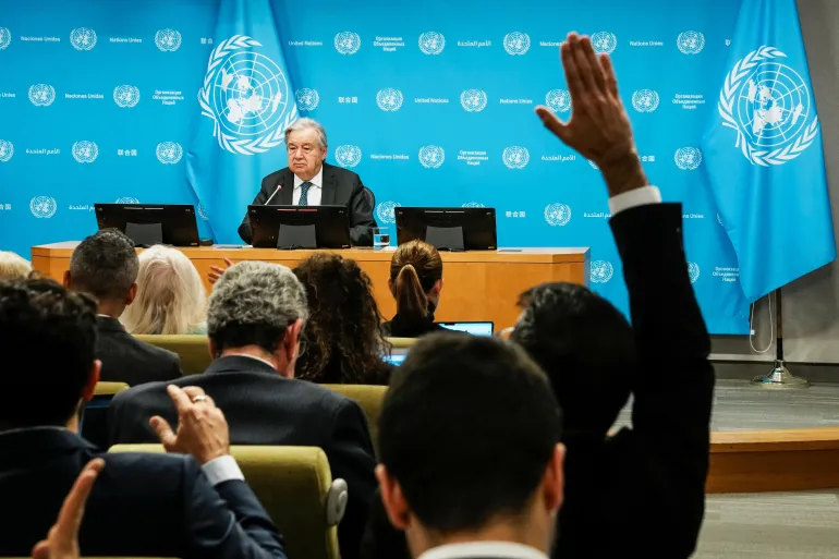 United Nations Secretary-General Antonio Guterres waits for questions during a press conference outlining his priorities for 2026 at U.N. headquarters in New York City, U.S., January 29, 2026. REUTERS/Eduardo Munoz