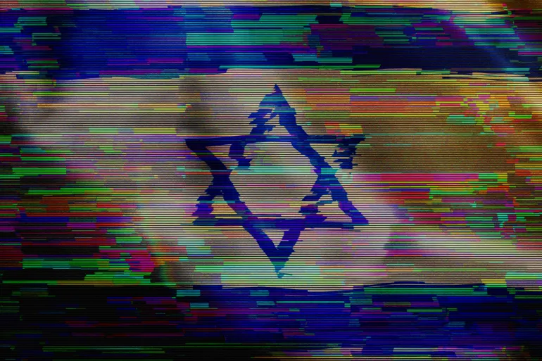 Israel digital technology flag cyber background. Israeli banner cyberattack and espionage concept illustration.