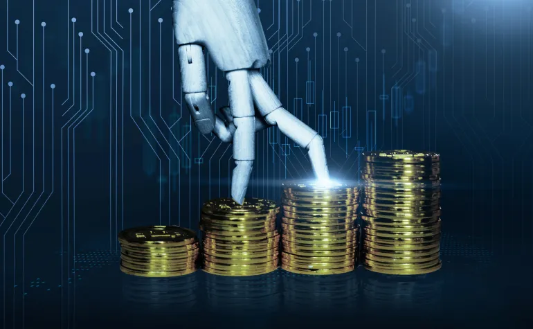 Gold stack coin representing digital crypto currency of financial foreign exchange market, robot hand artificial intelligence AI hand increasing value price and trading wealth, modern blue background; Shutterstock ID 1967373028; purchase_order: w; job: ; client: ; other: