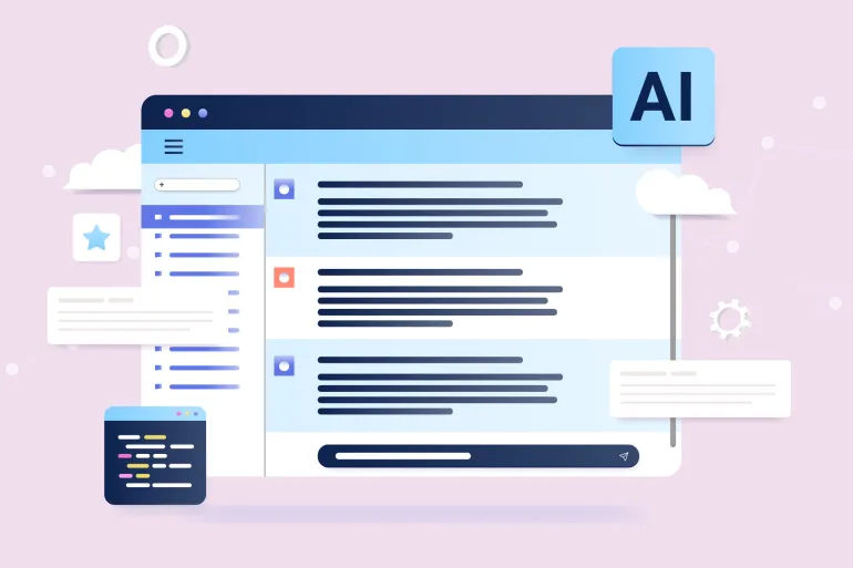 Artificial intelligence chat - Web browser with abstract Ai chatting text on screen. Decorative semi flat design vector illustration