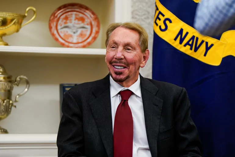 Larry Ellison reacts, at the White House, in Washington, U.S. February 3, 2025. REUTERS/Elizabeth Frantz