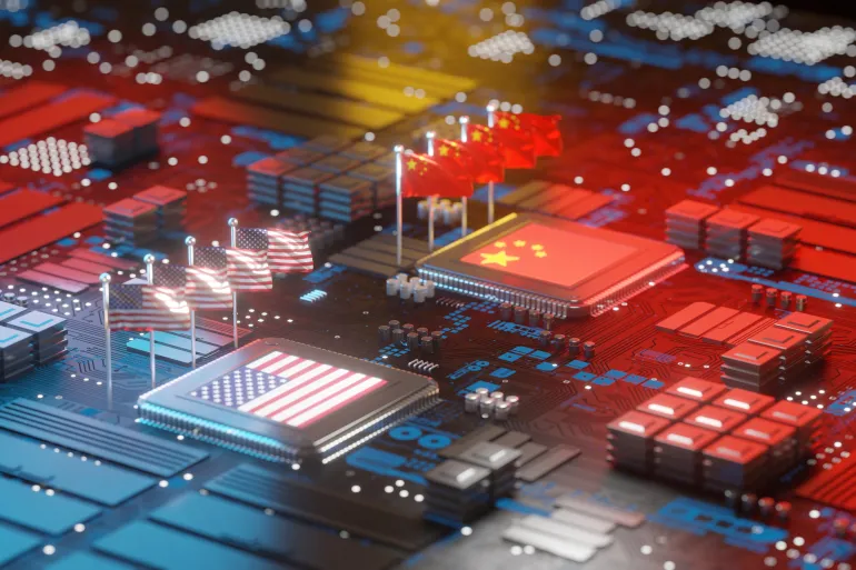 Flag of America and China on Chipset for semiconductor industry, 3d rendering; Shutterstock ID 2368430567; purchase_order: d; job: ; client: ; other: