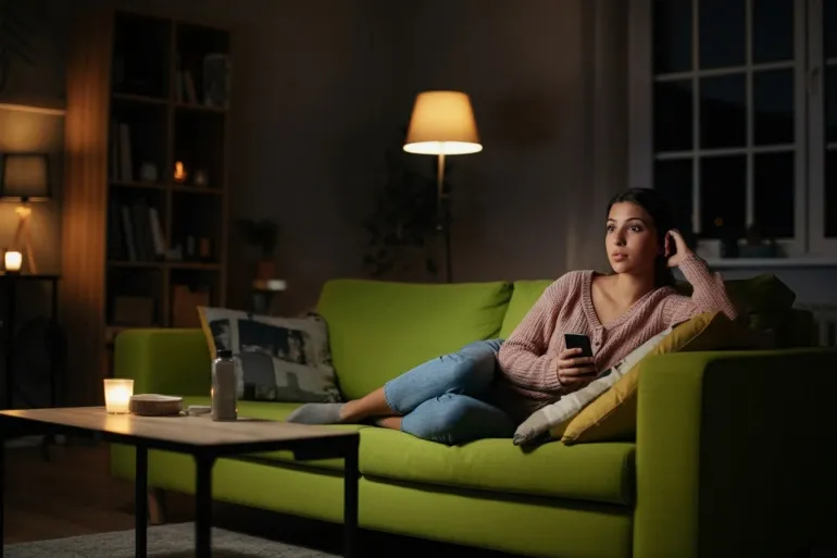 Evening. living room. A Young woman sitting on a lime green sofa watching TV