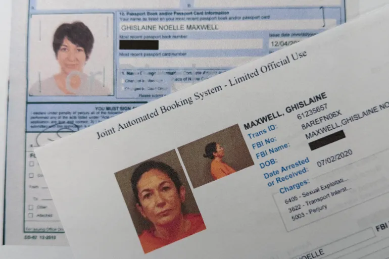 A document that was included in the U.S. Department of Justice release of the Jeffrey Epstein files, photographed Tuesday, Feb. 3, 2026, shows a U.S. passport renewal in 2012 and a federal booking system form from 2020 for Ghislaine Maxwell. (AP Photo/Jon Elswick)