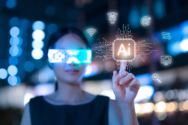 Female working with Artificial Intelligence technology at City, Technology and AI concept, Internet Thinking and Data