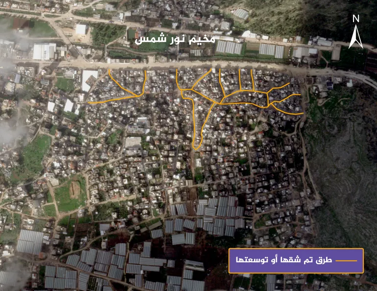 جيش الاحتلال يشق طرقا في مخيم نور شمس خلال العمليات العسكرية (المصدر: الجزيرة + بلانيت لابس) 