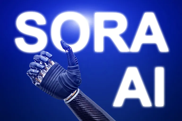 A hand with a thumbs up sign is on a blue background with the word Sora writte; Shutterstock ID 2502872855; purchase_order: aj; job: ; client: ; other:
