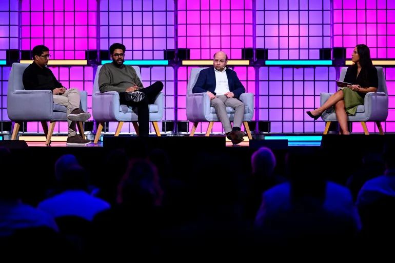 Doha , Qatar - 4 February 2026; Speakers, from left, Anant Bhardwaj, Founder & CEO, Instabase; Amit Jain, Co-Founder & CEO, Luma AI; Bastian Nominacher, Co-founder & Co-CEO, Celonis; and Maria Curi, Tech Policy Reporter, Axios, on Centre stage during day three of Web Summit Qatar 2026 at the Doha Exhibition and Convention Center in Doha, Qatar. (Photo By Shauna Clinton/Sportsfile for Web Summit Qatar via Getty Images)