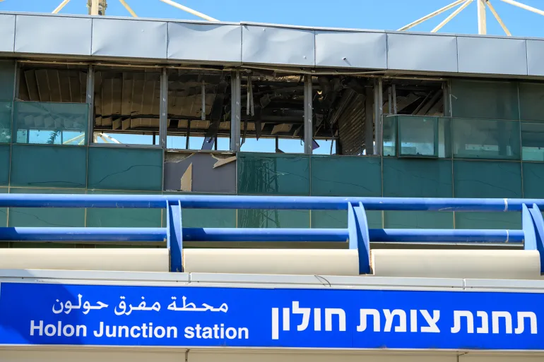 HOLON, ISRAEL - MARCH 17: Train station windows and parts of the ceiling are damaged after debris from an Iranian missile interception on March 17, 2026 in Holon, Israel. Iran has continued firing waves of drones and missiles at Israel after the United States and Israel launched a joint attack on Iran early on February 28th. (Photo by Alexi J. Rosenfeld/Getty Images)