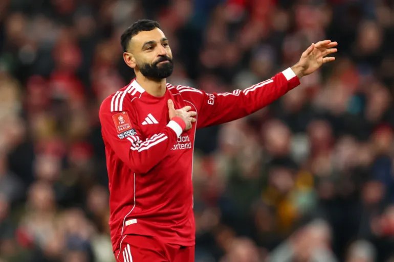 LIVERPOOL, ENGLAND - FEBRUARY 14: Mohamed Salah of Liverpool celebrates scoring his side's third goal during the Emirates FA Cup Fourth Round match between Liverpool and Brighton & Hove Albion on February 14, 2026 in Liverpool, England. (Photo by Chris Brunskill/Fantasista/Getty Images)