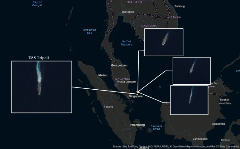 صور أقمار صناعية تظهر موقع السفينة الهجومية "يو إس إس تريبولي" و3 قطع بحرية أخري المصدر: Sentinel