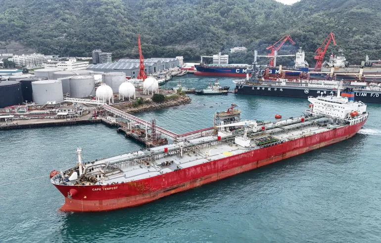 An aerial photo shows a tanker moored at Tsing Yi port in Hong Kong on March 17, 2026. (Photo by Peter PARKS / AFP)